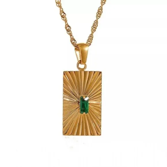 Emerald Green Cubic Zirconia 18K Gold Plated Stainless Steel Pendant Necklace - Picture 1 of 15